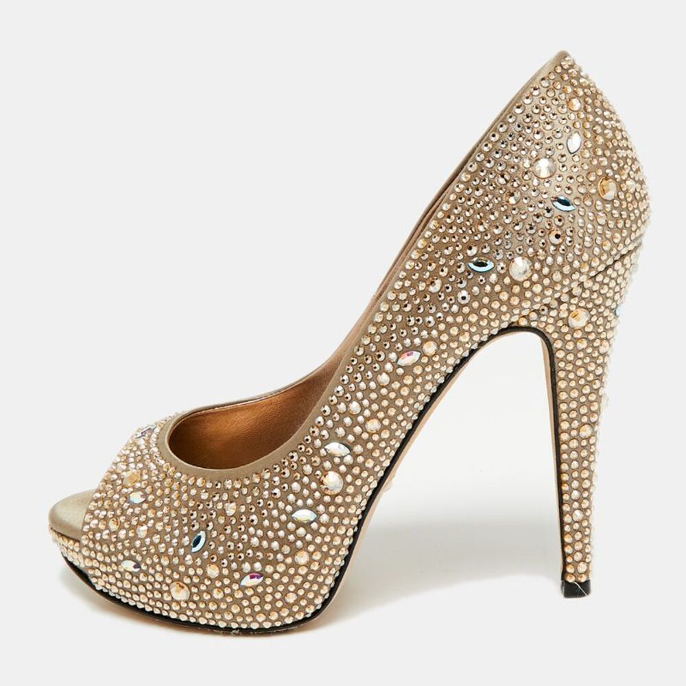 Gina Size 38.5 Gold Satin Peep Toe Pumps